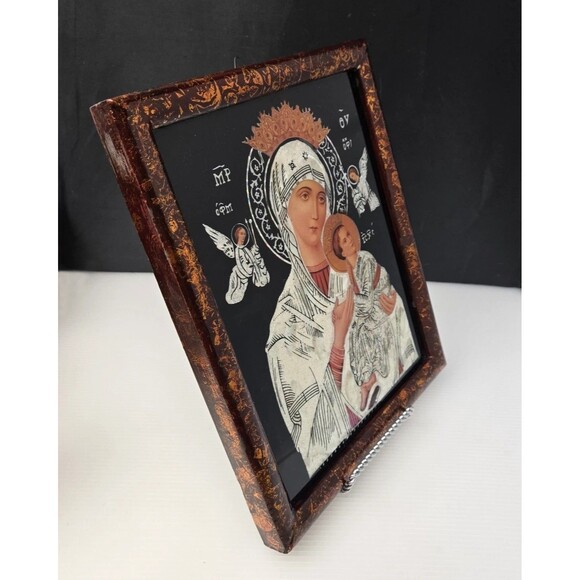 Byzantine Orthodox Icon Theotokos Madonna & Child Mother of Pearl Inlay Framed - Picture 4 of 13